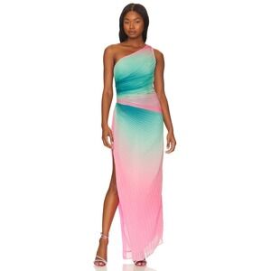 ROCOCO SAND Maxi Dress One Shoulder Pleated Chiffon Side Slit Ombre Size Small